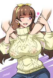 amanogawa_kirara blush breast_grab breasts brown_hair clothing earrings erect_nipples erect_nipples_under_clothes female fully_clothed go!_princess_precure groping hairband joy_ride large_breasts long_hair open_mouth precure pretty_cure sweater turtleneck wink