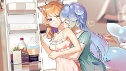 2girls :3 ahoge animal_ear_fluff animal_ears bangs bao_(vtuber) bare_arms bare_shoulders blonde_hair blue_hair blurry blurry_background blush bottle breasts cat_ears cheek_kiss cleavage closed_eyes closed_mouth depth_of_field dress eyebrows_visible_through_hair hair_between_eyes heart hug hug_from_behind indoors kissing kitchen long_hair medium_breasts multiple_girls one_eye_closed red_eyes sink sleeveless sleeveless_dress smile squchan_(vtuber) tail very_long_hair vyugen yuri