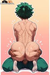 aged_up ai_generated ass_focus ass_peek boku_no_hero_academia censored closed_eyes enormous_ass eye_contact femboy femboy_only flat_chest gay green_eyes green_hair izuku_midoriya male_only my_hero_academia xwaifuai