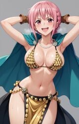 1girls ai_generated big_breasts bikini bikini_top blue_eyes braid braided_hair cleavage cloak collarbone female_focus female_only gloves gold_bikini green_cape large_breasts light-skinned_female light_skin loincloth necklace one_ai_art one_piece open_mouth pearl_necklace pelvic_curtain rebecca_(one_piece) shonen_jump single_braid smile solo solo_female solo_focus