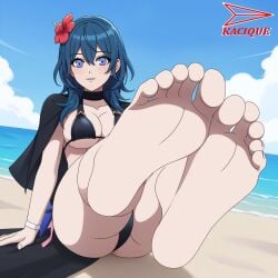 black_bikini blue_eyes blue_hair breasts byl byleth_(fire_emblem) byleth_(fire_emblem)_(female) byleth_(summer)_(fire_emblem)_(female) feet female female_focus female_only fire_emblem fire_emblem:_three_houses fire_emblem_heroes foot_fetish foot_focus human human_only kacique light-skinned_female light_skin nintendo solo swimsuit tagme