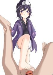 1boy 1other artist_request assertive barefoot black_hair blush footjob holding_leg len'en mob_cap penis shitodo_kuroji smug stepping_on_penis