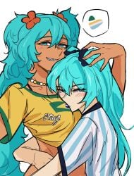 2025 2girls argentinian argentinian_miku arms_around_waist artist_signature bead_choker beads black_trim blue_eyes blue_eyes_female blue_hair blue_hair_female blush blush blush_lines blushing_female brazil brazilian brazilian_female brazilian_flag brazilian_miku busty busty_female clothed cute dark-skinned_female dark_skinned_female females_focus females_only flag flower flower_in_hair flower_on_head flower_ornament girls girls_only green_flag green_trim grin grinning grinning_at_viewer hair_ornament hand_on_another's_head hand_on_partner hand_over_head hands_on_partner hatsune_miku heart heart_symbol highres hugging hugging_another latin_american_hatsune_miku_(meme) latina lesbian_focus long_hair long_hair_female looking_at_viewer necklace pale-skinned_female pale_skinned_female pearl_necklace red_flower shirt smile smiling smug smug_face smug_grin staring_at_viewer striped_shirt tan tan_body tan_skin tan_skinned_female tanlines tanned_female tanned_girl twintails twintails_(hairstyle) vocaloid white_background white_trim yellow_shirt yuri yuri yuri