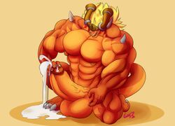 abs balls big_balls big_nipples big_pecs blonde_hair cum cum_on_claws cum_on_hand cum_on_penis drum_bunker_dragon excessive_cum future_card_buddyfight hair horn huge_balls hyper hyper_balls hyper_muscles hyper_penis luxiayfull male_only muscular navel nipples orange_scales pecs penis scales small_head surprise vein