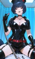 1boy 1girl ai_generated atlus belt black_latex black_latex_armwear black_latex_garter_straps black_latex_gloves black_latex_legwear black_latex_thighhighs black_lips black_lipstick blunt_bangs bob_cut brown_eyes choker cleavage clinic collared_dress curtains dark_blue_hair dark_brown_eyes doctor's_office dominant dominant_female eyeliner female femdom garter_straps gloves hand_on_thigh holding_leash holding_object holding_pill japanese_female latex latex_armwear latex_clothing latex_gloves latex_legwear latex_nurse latex_thighhighs leash leashed_male leashed_pov light-skinned_female light_skin looking_at_viewer looking_down_at_viewer low-angle_view low_angle low_cut_dress megami_tensei navel navel_visible_through_clothes navy_blue_hair necklace nurse nurse_cap nurse_clothing nurse_hat nurse_headwear nurse_outfit nurse_uniform persona persona_5 persona_5_royal pov pov_eye_contact pov_male sega shin_megami_tensei shiny_breasts shiny_clothes shiny_hair shiny_skin short_dress short_hair short_sleeves skindentation smirk smirking smirking_at_viewer spiked_choker straddling straddling_lap tae_takemi thighhighs viewer_on_leash