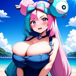 ai_generated alternate_body_type alternate_breast_size bare_shoulders big_breasts blue_hair breasts bursting_breasts cleavage collarbone creatures_(company) denim_clothing exposed_shoulders game_freak generation_1_pokemon gym_leader huge_breasts iono_(pokemon) large_breasts light-skinned_female light_skin long_hair magnemite magnemite_hairclips nintendo npc_trainer overalls overalls_only overflowing_breasts pink_hair pokemon pokemon_(species) pokemon_sv purple_eyes smile smiling twintails two_tone_hair ulf_(artist)