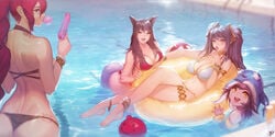 4girls ahri animal_ears anklet armlet ass barefoot bikini black_hair blue_hair breasts bubble bubble_gum choker cleavage color feet female hair instant-ip jewelry large_breasts league_of_legends lollipop long_hair looking_back lulu_the_fae_sorceress miss_fortune multiple_girls open_mouth ponytail pool pool_party_lulu pool_party_series red_hair riot_games short_hair sona_buvelle tail thigh_strap tied_hair twintails vastaya yellow_eyes yordle