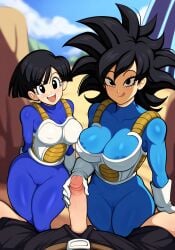 1boy 2girls ai_generated alien alien_girl belt belt_buckle big_boobs big_breasts big_cock big_dick big_penis black_eyes black_eyes_female black_hair black_hair_female blush bob_cut bob_cut_hair bob_hair bobcut clothed clothed_female clothing dragon_ball dragon_ball_super dragon_ball_z eyelashes female female_saiyan gloves hand_around_penis hand_on_penis handjob hips huge_boobs huge_breasts licking_lips long_hair long_hair_female male male_pov mullon nameless_character nipples_visible_through_bodysuit nipples_visible_through_clothing novelai open_smile partially_clothed_male penis penis_out penis_out_of_pants penis_out_of_shorts pov pov_male pussy_visible_through_bodysuit pussy_visible_through_clothes saiyan saiyan_armor saiyan_girl short_hair short_hair_female smile smile_at_viewer smiley_face smiling_at_viewer spiked_hair spiky_hair thick thick_hips thick_thighs unseen_male_face vagina_visible_through_clothing vein veiny veiny_penis white_gloves