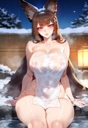 1girls ai_generated amagi_(azur_lane) azur_lane big_breasts breasts brown_hair female female_focus fox_ears huge_breasts kitsune large_breasts looking_at_viewer looking_pleasured mature_female milf purple_eyes thick_thighs thighs