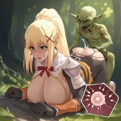 ai_generated blonde_hair cum cum_inside darkness_(konosuba) defeated defeated_heroine doggy_style from_behind goblin green_eyes huge_breasts impregnation interspecies large_breasts long_hair monster outdoors pony_diffusion_xl rape restrained