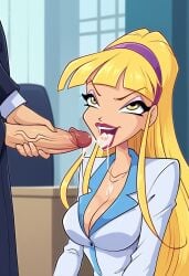 1boy 4kids_entertainment ai_generated blonde_hair business_suit cum_in_mouth cum_on_tongue cumshot looking_up nickelodeon office_lady out_of_frame_male partial_male rainbow_(animation_studio) smirk stella_(winx_club) winx_club zfivefan