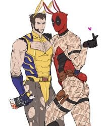 2boys adapted_costume animal_ears arm_hair ass back beard black_gloves blue_gloves bodysuit bottle brown_hair chest_hair couple deadpool deadpool_&_wolverine facial_hair fake_animal_ears finger_heart fishnet_pantyhose fishnets gloves green_eyes gyeleul hand_on_another's_waist highres holding holding_bottle large_pectorals leg_hair looking_at_viewer male_focus male_playboy_bunny marvel marvel_cinematic_universe mask multiple_boys muscular muscular_male pantyhose pectoral_cleavage pectoral_docking pectoral_press pectorals rabbit_ears rabbit_tail red_mask scar scars_all_over short_hair tail too_many torn_bodysuit torn_clothes veins veiny_arms wolverine_(x-men) x-men yaoi