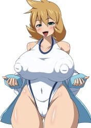 alternate_breast_size bare_shoulders blush breasts cameltoe competition_swimsuit covered_erect_nipples covered_navel creatures_(company) curvy female female_focus flipped_hair game_freak green_eyes groin gym_leader hair_between_eyes highleg huge_breasts jacket kasumi_(pokemon) large_breasts looking_at_viewer misty_(pokemon_hgss) navel nintendo nipples one-piece_swimsuit open_clothes open_jacket open_mouth orange_hair pokemon pokemon_gsc pokemon_hgss sankakukin_gear shiny_skin short_hair smile solo standing swimsuit thick_thighs thighs tongue tongue_out white_one-piece_swimsuit wide_hips