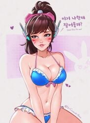 1girls 2024 alternate_costume artist_name bikini blizzard_entertainment blush breasts brown_eyes brown_hair cleavage d.va embarrassed english_text face_markings female female_only hana_song headphones heart highres konomidraw korean_text large_breasts light-skinned_female light_skin navel_piercing overwatch overwatch_2 ponytail pursed_lips solo solo_female swimsuit text watermark