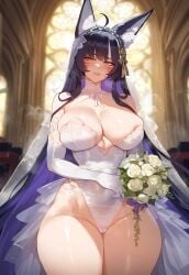 1girls ai_generated azur_lane big_breasts breasts female female_focus fox_ears hips huge_breasts large_breasts looking_at_viewer mature_female milf musashi_(azur_lane) purple_hair thick_thighs thighs wedding_dress wedding_veil yellow_eyes