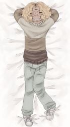 1boy 3_eyes aroused blonde_hair body_pillow chippledipple color fanart fractalcounty fully_clothed glasses grey_sweatpants hands_behind_head laying_down laying_on_back middle_part one_leg_up rendered safe_for_work short_hair smile smiling_at_viewer solo sweater twitter youtube zukacounty_(artist)