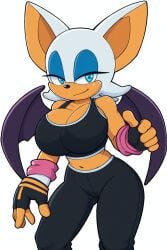 1girls bat_wings big_breasts blue_eyes breasts bursting_breasts busty cleavage fingerless_gloves half-closed_eyes hi_res large_breasts legs looking_at_viewer midriff navel pants rouge_the_bat seductive seductive_look seductive_smile sega smile sonic_(series) sonic_riders tank_top thighs thumbs_up voluptuous