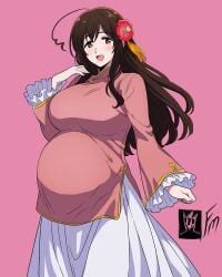 1girls alternate_version_available axis_powers_hetalia belly big_belly big_breasts breasts brown_eyes brown_hair dress female female_only flower flower_in_hair fungus-man hibiscus large_breasts long_hair open_mouth pink_background pink_dress pregnant self_upload smile solid_color_background solo solo_female tagme taiwan_(hetalia)