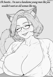 1girls big_breasts big_breasts breasts breasts cat_girl catgirl clothed clothed_female female female_focus female_only gilf humble light-skinned_female light_skin milf modest older_female