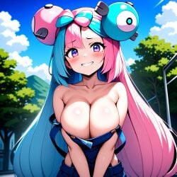 ai_generated alternate_body_type alternate_breast_size bare_shoulders big_breasts blue_hair breasts bursting_breasts cleavage collarbone creatures_(company) denim_clothing exposed_shoulders game_freak generation_1_pokemon gym_leader huge_breasts iono_(pokemon) large_breasts light-skinned_female light_skin long_hair magnemite magnemite_hairclips nintendo npc_trainer overalls overalls_only overflowing_breasts pink_hair pokemon pokemon_(species) pokemon_sv purple_eyes sideboob sleeves smile smiling twintails two_tone_hair ulf_(artist) wolf_(artist)