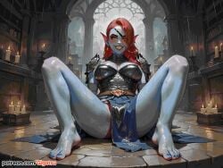 ai_generated armor barefoot blue_skin feet foot_fetish foot_focus gigatsu red_hair seductive seductive_look seductive_pose seductive_smile spread_legs toes undertale undyne