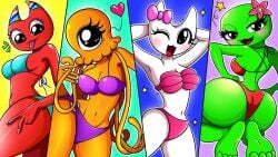 4girls banbaleena banban_(garten_of_banban) bikini blue_bikini content_farm_channels female_only garten_of_banban green_body happy happy_female heart_symbol jumbo_josh maid_uniform no_sex orange_body pink_bikini pink_bow purple_bikini red_bikini red_body rule_63 slime_cat stinger_flynn tagme unofficial white_body youtube