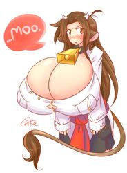 blush cow_ears cow_girl cow_horns cow_tail cowbell female gigantic_breasts mattie_(matsu-sensei) theycallhimcake