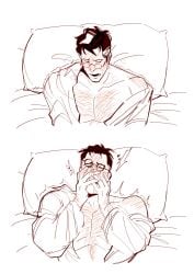 bara bara_tiddies bara_tits big_pecs blush bottoming chest_hair covering_face drooling gay hairy_male hairy_pecs implied_anal implied_sex implied_yaoi jb_the_sinner male medic_(team_fortress_2) moaning on_bed open_shirt orgasm orgasm_face partially_clothed pecs pillow pleasure_face pleasured team_fortress_2 torogao trembling yaoi
