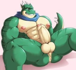 1boy 2d abs anus ass balls boner dick dragon drakoneth gay gojho green_and_beige_skin grin looking_at_own_penis naked pecs penis scalie scarf smug