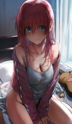 bare_shoulders bare_thighs bed big_breasts blue_eyes blush bocchi_the_rock! bottomless breasts cleavage closed_mouth collarbone gotou_hitori grey_tank_top hews_hack indoors long_hair long_sleeves no_panties no_pants off_shoulder on_bed pink_hair pink_track_suit sitting sweat sweaty_body tank_top thighs track_suit wariza