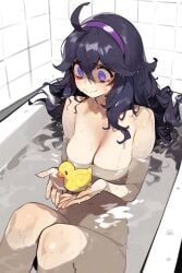 ai_generated artist_request bathing bathroom bathtub big_breasts duck game_freak hairband hex_maniac huge_breasts light-skinned_female light_skin long_hair massive_breasts nintendo nude nude_female pokemon pokemon_xy purple_eyes purple_hair solo_female squatting sweat sweatdrop thick_body thick_female very_long_hair voluptuous voluptuous_female