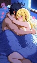 after_sex ai_generated black_hair blonde_hair fairy_tail gray_fullbuster hair_down lucy_heartfilia naked romantic_night sleeping_together wholesome