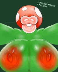 glossy_lips green_body huge_areolae huge_breasts huge_lips kissing lips mario_(series) mario_and_luigi_(series) piranha_plant piranha_plant_girl pov pov_eye_contact pov_kiss shiny_skin text what zeraniumz