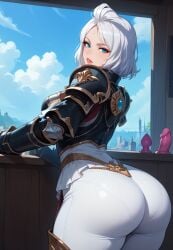 adepta_sororitas ai_generated armor ass bitch buttplug caked_up curvy dat_ass dildo eteeming fat_ass female_only from_behind grabbing_ass sex_toy short_hair sister_of_battle spreading_ass thick_ass warhammer_(franchise) warhammer_40k white_hair white_pants