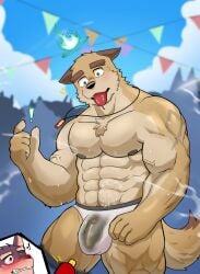 absurd_res anthro bodily_fluids canid canine canis cum cum_on_face duo ejaculation genital_fluids hi_res hybrid kurokawashinichi_(artist) male male/male mammal paddy_(kurokawashinichi) public public_nudity wolf wolfdog