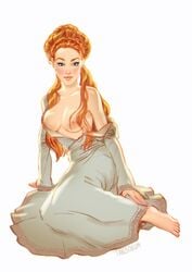 1girls a_song_of_ice_and_fire andrew_tarusov areolae barefoot breasts breasts_out dress feet female female_only game_of_thrones looking_at_viewer nipples orange_hair sansa_stark sitting solo solo_female white_background