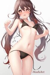 ai_generated bikini blush embarrassed genshin_impact hu_tao_(genshin_impact) small_breasts swimsuit torn_clothes wardrobe_malfunction