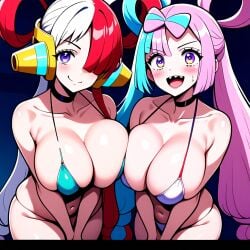 2girls ai_generated alternate_body_type alternate_breast_size artist_(wolf) bare_shoulders big_breasts bikini_bottom bikini_top blue_hair breasts cleavage collarbone creatures_(company) duo exposed_shoulders female female_focus female_only game_freak generation_1_pokemon huge_breasts iono_(pokemon) large_breasts magnemite magnemite_hairclips nintendo npc_trainer one_piece open_mouth pink_hair pokemon pokemon_sv red_eyes red_hair sharp_teeth sideboob skimpy skimpy_clothes twintails two_tone_hair ulf_(artist) underboob uta_(one_piece) white_hair