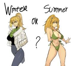 1girls abs alternate_breast_size bikini black_sweater blonde_female blonde_hair breasts choice five_nights_at_freddy's five_nights_at_freddy's:_security_breach flower flower_in_hair green_bikini green_eyes hand_behind_back hands_in_pockets jacket kaonicdogmen large_breasts long_hair long_ponytail multiple_views navel scarf shocked side-tie_bikini solo summer sweater swimsuit swimwear thong tight_clothing turtleneck vanessa_(fnaf) white_background winter winter_clothes