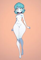 1girl ai_generated aqua_hair aqua_nipples bob_cut fake_type full_body hips huge_hips medium_breasts nipples nude pale_skin princess♂️ pussy short_hair simple_background skinny smiling standing white_skin yellow_eyes