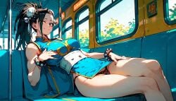 ai_generated black_hair black_panties chun-li_(cosplay) hand_on_chest hand_on_thigh leaning_back legs_closed muscular muscular_arms muscular_female muscular_thighs panties panties_exposed panties_visible sitting smiling smiling_at_viewer thighs train yaoyorozu_momo