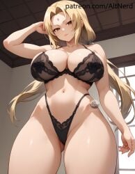 ai_generated altnerd ass_visible_through_thighs big_breasts black_bra black_panties black_underwear blonde_hair bra brown_eyes from_below highres hourglass_figure naruto panties patreon_url patreon_username seductive thick_thighs tsunade