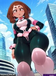 1boy ai-created ai_generated bangs blue_sky blush blush_stickers bodysuit boots breasts brown_eyes brown_hair building city clothing cloud cloudy_sky costume curvaceous day female footwear gloves hand_on_hip hero_costume high_resolution large_breasts looking_at_viewer looking_down male medium_breasts mordorai my_hero_academia outdoors penis short_hair sidelocks skin_tight sky skyscraper solo solo_focus standing superhero sweatdrop thick_thighs thighs tight uraraka_ochako wide_hips