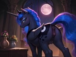 ai_generated alicorn animal_genitalia animal_pussy anus ass blue_body blue_fur crotchboobs cutie_mark equid equine equine_genitalia equine_pussy female female_feral female_only feral feral_only friendship_is_magic fur furry hasbro horse long_hair my_little_pony nipples pony princess_luna_(mlp) pussy quadruped smile