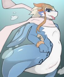 ambiguous_gender animal_genitalia anthro blue_eyes bracelet bubble cetacean dragon genital_slit hybrid jewelry looking_at_viewer male_only mammal marine navel nude scarf shaorune slit solo tales_of_(series) tales_of_rebirth taur tongue tongue_out underwater water サ～もん