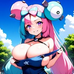 ai_generated alternate_body_type alternate_breast_size artist_(wolf) bare_shoulders big_breasts blue_hair breasts cleavage collarbone creatures_(company) denim_clothing game_freak gym_leader iono_(pokemon) large_breasts light-skin light-skinned_female long_hair nintendo npc_trainer overalls overalls_only pink_hair pokemon pokemon_sv purple_eyes sideboob sleeves smile smiling twintails two_tone_hair