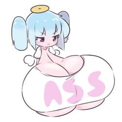 1girls angel angel_girl angel_wings blue_eyes blue_hair blush_stickers breasts character_request chibi chibi_style cleavage clothes_writing erotic_chibi gigantic_breasts halo o-bisu pout shirt skindentation solo solo_female twintails underboob white_shirt