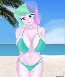 1girls beach big_breasts bikini breasts equestria_girls female female_only friendship_is_magic green_bikini green_swimsuit hasbro hi_res highres huge_breasts large_breasts mature_female my_little_pony navel ocean outdoors palm_tree princess_celestia_(mlp) principal_celestia sarahthefox97 solo solo_female swimsuit water wide_hips