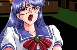 1990s 1girls 90s blue_hair cry_sweeper d.o. female glasses open_mouth pc98 school_uniform