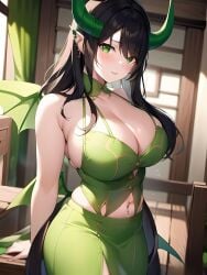 1girl 1girls ai_generated belly_piercing big_breasts black_hair blush breasts clothed clothing demon demon_girl demon_horns demon_wings dragon_girl dragon_horns dragon_wings elf_ears female female_focus female_only green_eyes hair hands_behind_back horns large_breasts long_hair looking_at_viewer nervous nervous_smile only_female pale-skinned_female pale_skin pointy_ears shirt shy skirt smile smiling smiling_at_viewer solo solo_female solo_focus succubus_wings thee_voiid top_heavy wings